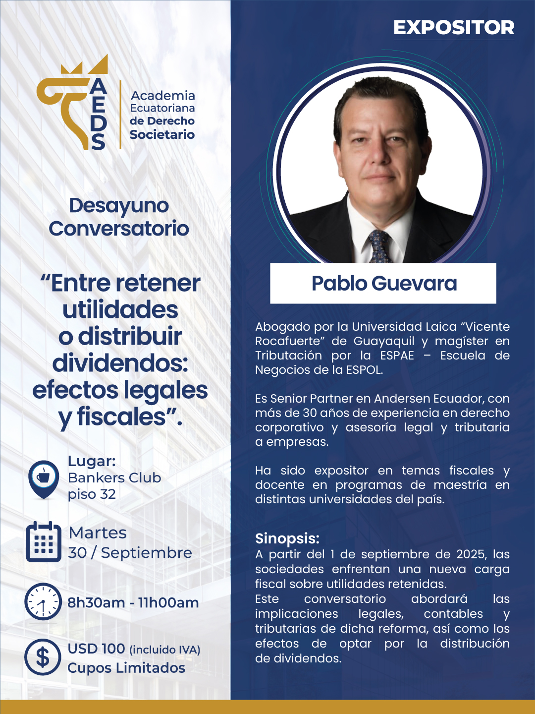 AEDS Desayuno conversatorio para tratar sobre las novedades de las nuevas cargas fiscales sobre utilidades retenidas.